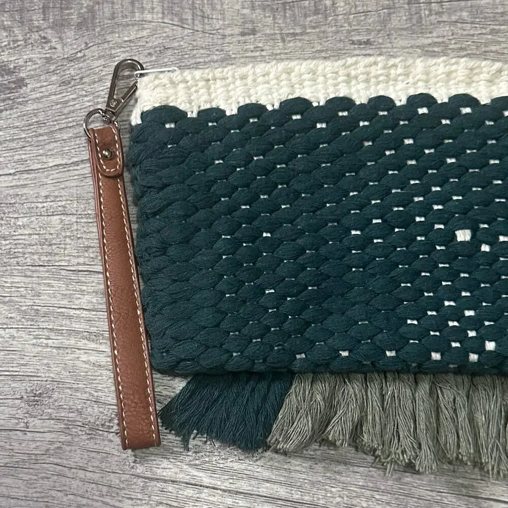 June + Rya Handwoven Boho Small Clutch Bag W/ Hand Strap Zippered Green Cotton
